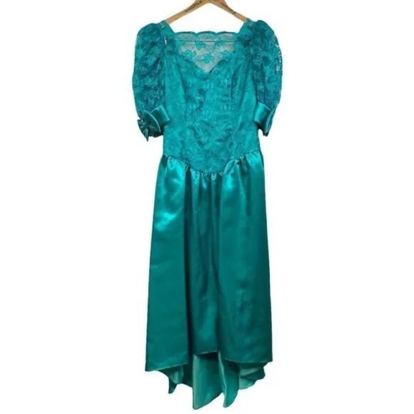 VINTAGE 80'S ILGWU UNION MADE WORKERS UNION TEAL/TURQUOISE FORMAL BOW DRESS 9 - Picture 3 of 16
